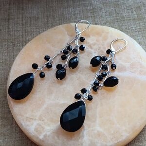 Silver Tone Black Beaded Dangle Earrings